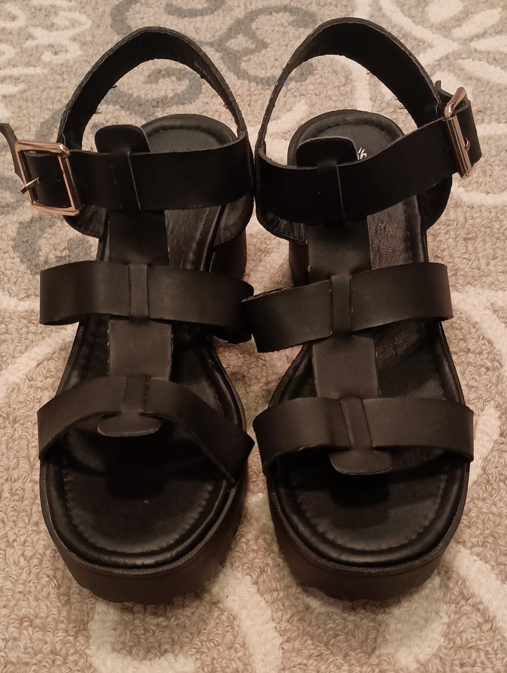Black Strappy Women's Platform Sandals with Adjustable Buckle